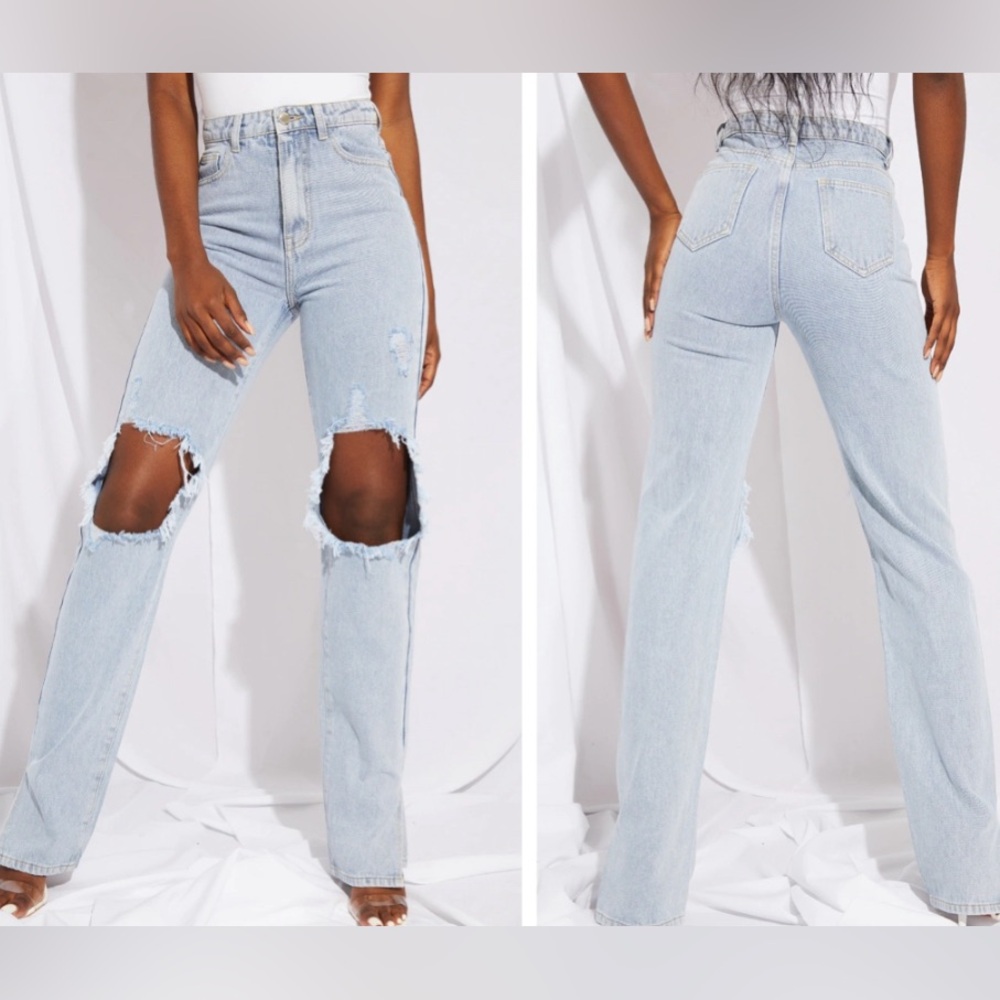 PRETYY LITTLE THING TALL LIGHT BLUE RIPPED KNEE SPLIT HEM DENIM JEANS